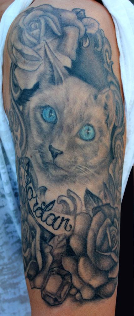Tattoos - Cat and Rose tattoo - 92130 Rocko Tattoos