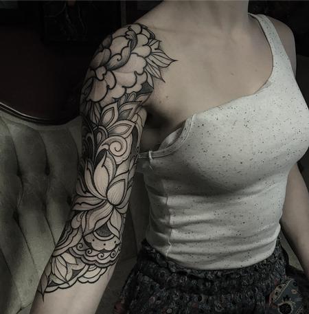 Tattoos - Lotus and peony ornamental half sleeve - 128656