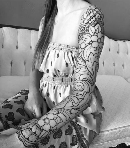 Tattoos - Filigree with cherry blossoms sleeve outline - 128659