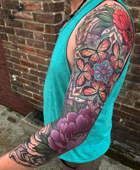 Tattoos - Colorful butterfly mandala with peonies.  - 128041