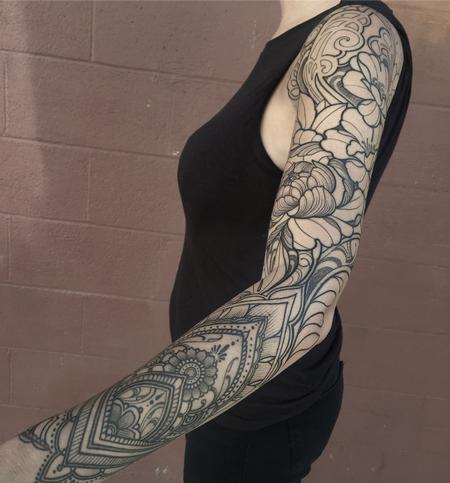 Tattoos - Ornamental floral sleeve line work  - 119434
