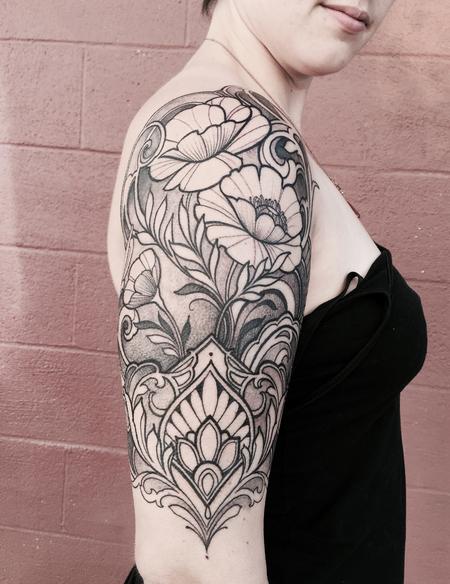 Tattoos - Ornamental arm tattoo with poppies  - 120561