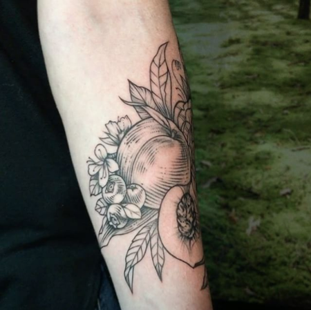 Tattoos - Peaches and Floral on Arm. Instagram @michaelbalesart - 123571