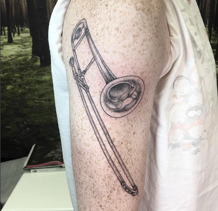 Tattoos - Dotwork Trombone on Arm- Instagram @michaelbalesart - 123114