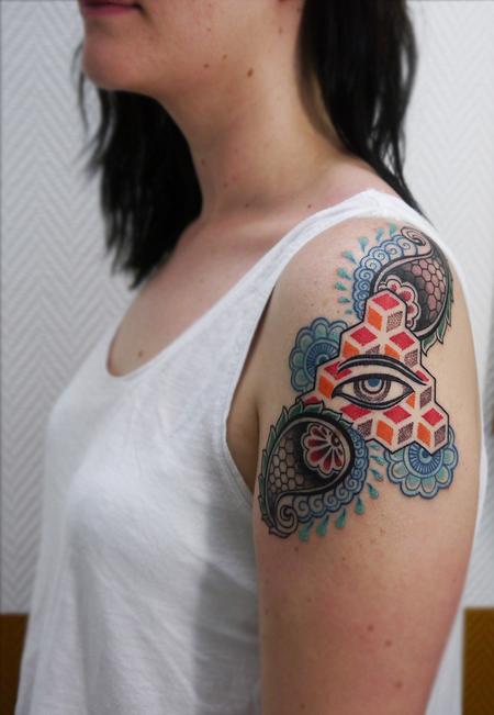 Tattoos - color dotwork linework bongo style paisley tattoo design with buddha eye - 119726