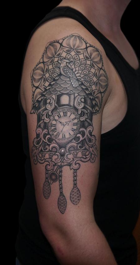Tattoos - black and grey dotwork mandala black forest cuckoo clock - 117876