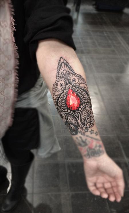 Tattoos - ornamental bongo style dotwork linework  with crystal centrepiece - 117304