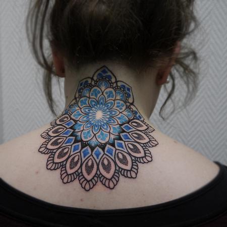 Tattoos - neck shoulder dotwork linework mandala in color - 117305