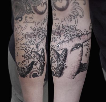 Tattoos - dotwork linework geometric hammerhead shark tattoo - 117955