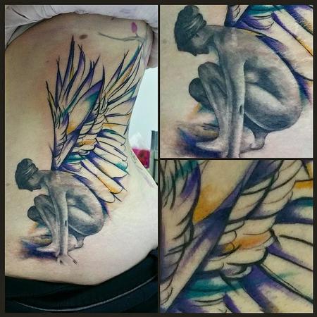 Tattoos - combination angel on hip - 113716