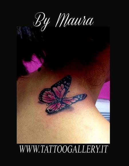 Pink 3d butterfly neck tattoo