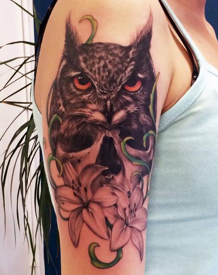 Tattoos - black and grey owl tattoo - 101705