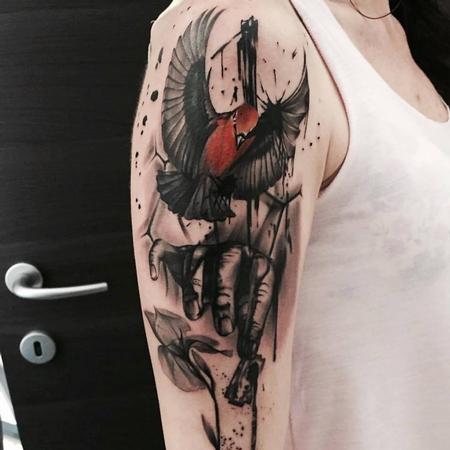 Tattoos - Bird Hand and Flowers Tattoo - 116647