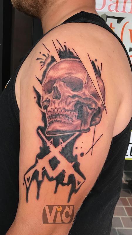 Tattoos - Black and gray skull guns  - 132966