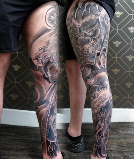Tattoos - Foo Dog and Koi Leg Sleeve Finished - 145514