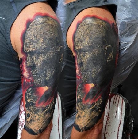 Tattoos - Healed Wolfman and Mummy Half Sleeve Tattoo - 117803