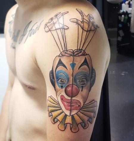 Blake Ohrt (MADISON) - Neotraditional Half masked clown tattoo