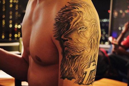 Tattoos - Black and Grey Lion with Cross - 140943