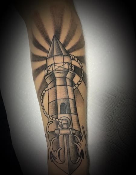 Tattoos - Lighthouse,waves, anchor, and rays  - 140590