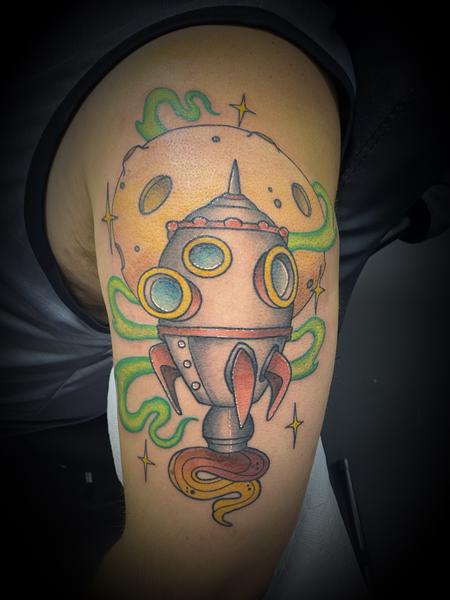 Nick Sadler - Rocket ship space moon tattoo