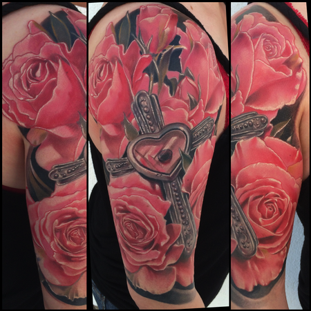 Tattoos - Realistic color roses with cross tattoo, Brent Olson Art Junkies Tattoo - 91959