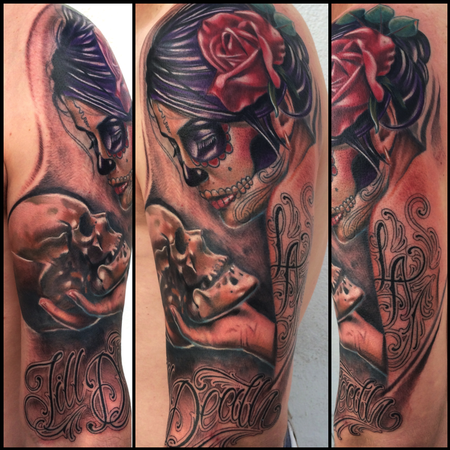 Tattoos - realistic color day of the dead girl with skull tattoo, Brent Olson Art Junkies Tattoo - 92028