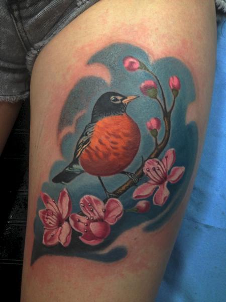 Tattoos - Robin on a cherry tree branch - 85799