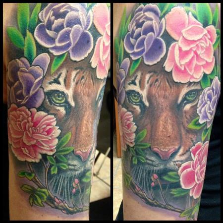 Tattoos - Finished Tiger/Flower Half Sleeve - 95203