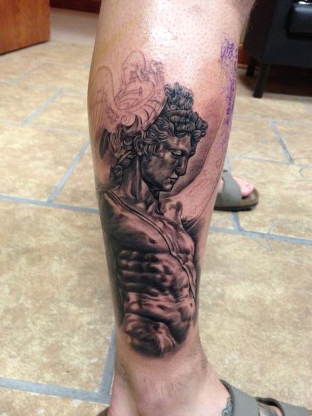 Tattoos - The Start of a Greek Mythology Leg Sleeve / Perseus Statue In Progress  - 98000