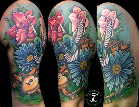 Tattoos - Hummingbird and flowers color tattoo - 84411