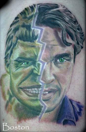 Tattoos - Hulk and Bruce Banner color portrait tattoo - 70148