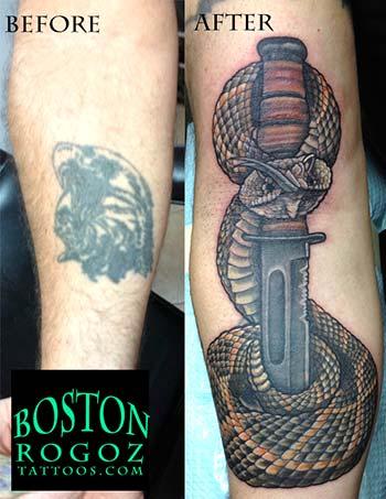 Boston Rogoz - Rattlesnake and Kabar color USMC tattoo cover-up