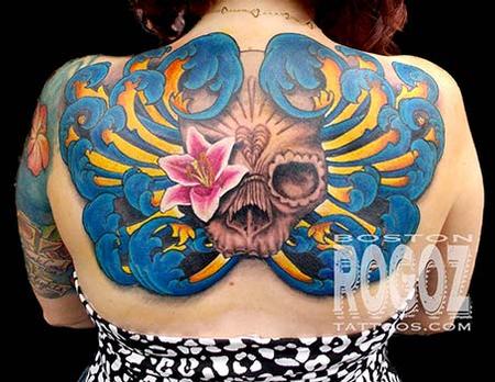 Boston Rogoz - Skull and filigree backpiece tattoo