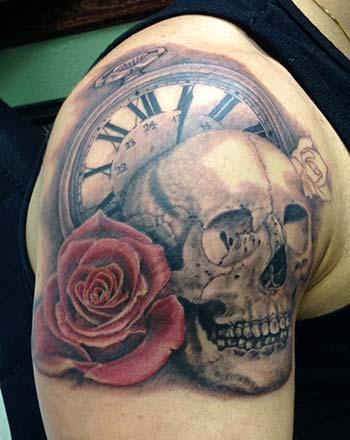 Tattoos - Skull with rose and clock - 91229