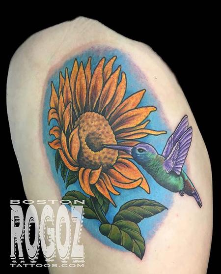 Boston Rogoz - Sunflower and Hummingbird tattoo