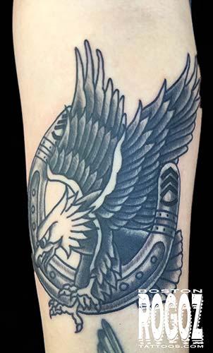 Boston Rogoz - eagle and horseshoe tattoo