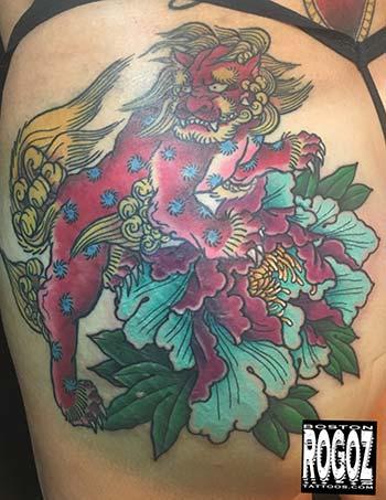 Tattoos - Red Foo dog and peony - 130626