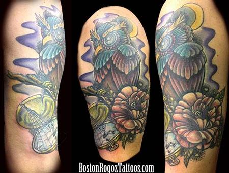 Boston Rogoz - Owl_Rose_and_pocketwatch_color_tattoo