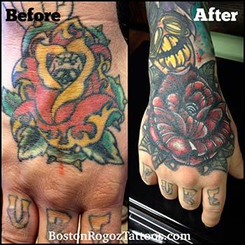 Boston Rogoz - rose cover-up hand tattoo