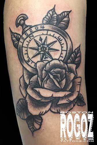 Black and Grey Compass and Roses Tattoo Design