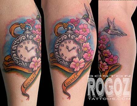 Boston Rogoz - Pocket watch and cherry blossoms tattoo