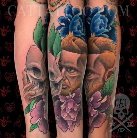 Man with skull and flowers  Tattoo Design