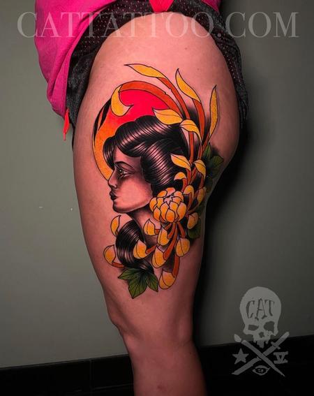 Lady and Chrysanthemum  Tattoo Design Thumbnail