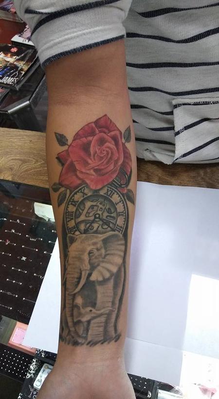 Ron Goulet - Elephant Rose and Clock tattoo