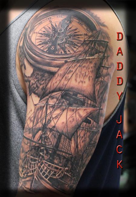 Tattoos - Black&grey_Ship_Compass_Daddy_Jack - 129067