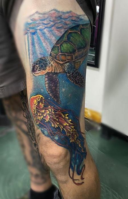 Tattoos - colored ocean themed leg piece  - 144009