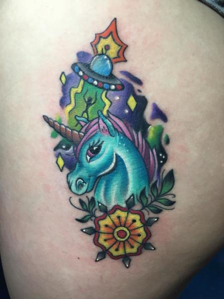 Jake Hand - Alien and unicorn tattoo