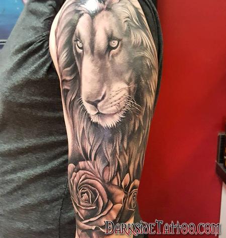 Tattoos - Black and Gray Lion and Roses - 130034