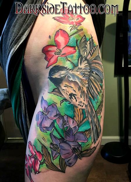 Tattoos - Color Watercolor Bird and Flowers - 120349