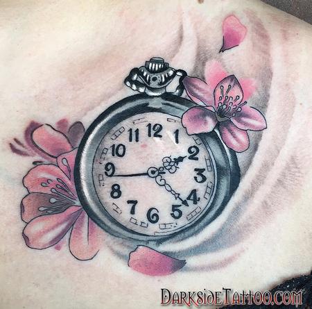 Tattoos - Color Clock and Cherry Blossom Tattoo - 130046